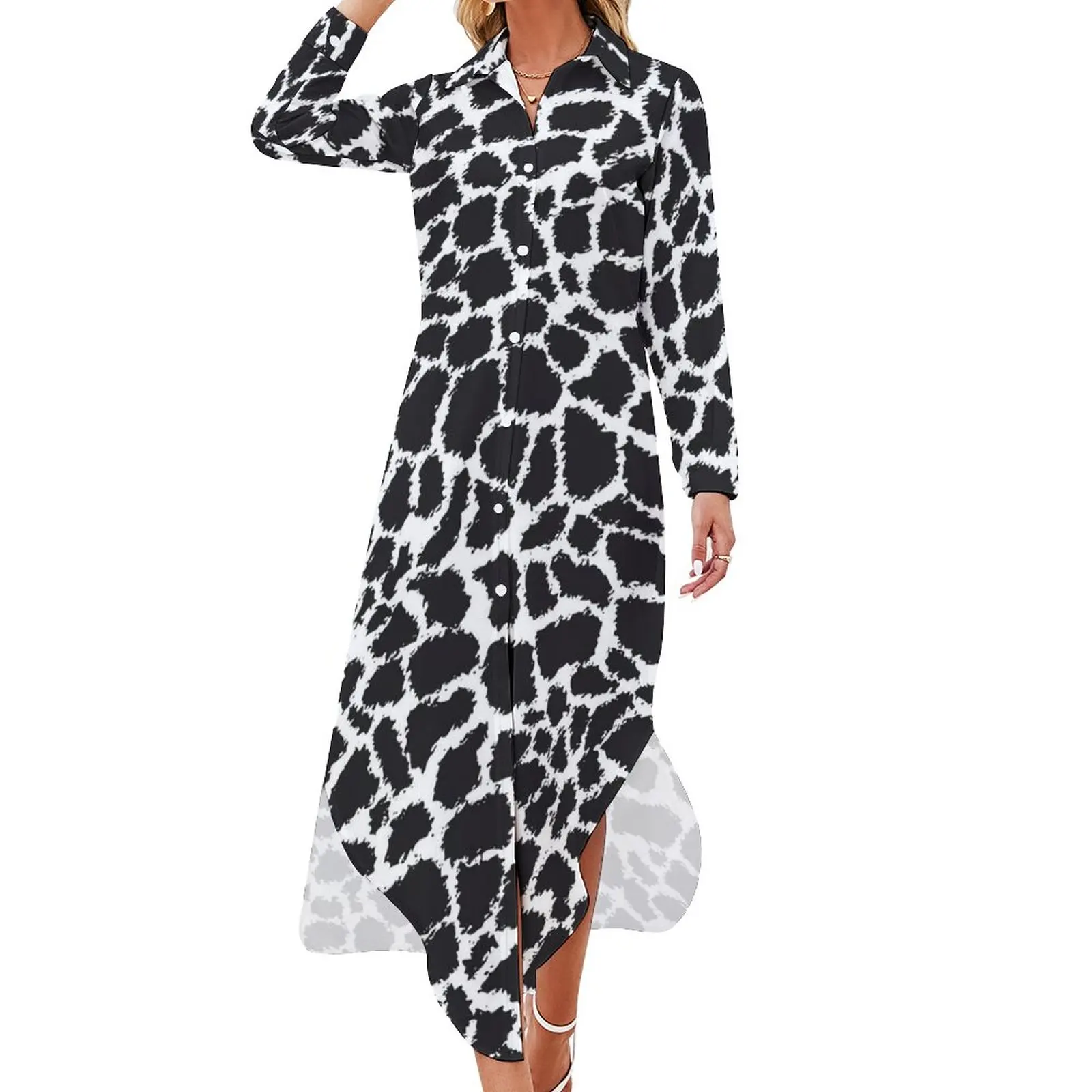 

Black Leopard Chiffon Dress Animal Print Elegant Dresses Ladies Long Sleeve Street Style V Neck Design Big Size Casual Dress