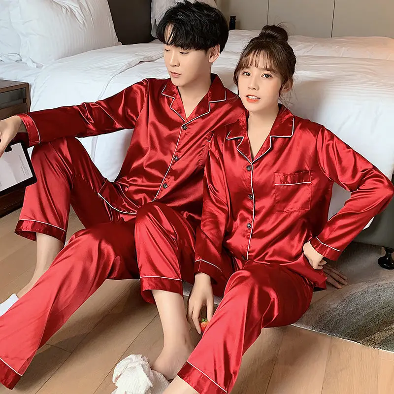 2023 Lovers pajamas Couples ice silk pajamas women in 2023, the new age season long thin silk leisurewear suit men's summer