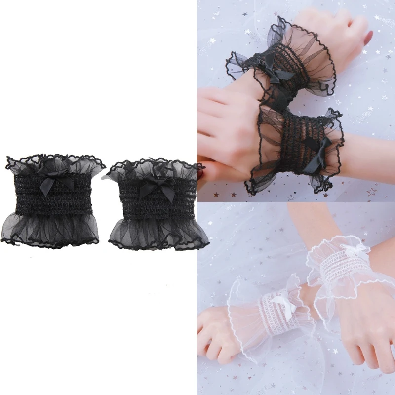

Japanese Lolita Sweet Shirred Elastic Wrist Cuffs Solid Color Ruffled Lace Trim Bowknot Bracelet Wristband Women Drop Shipping