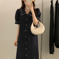 coigarsam summer women french style vintage single breasted puff sleeve panelled navy blue hemp ecru dress dropshipping