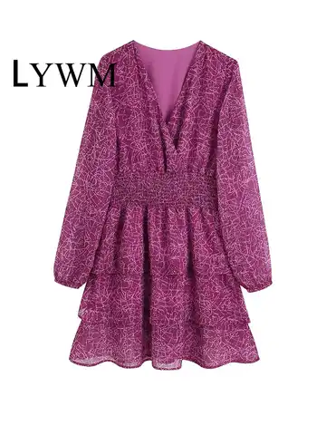 LYWM Women Fashion Printed Ruffled Elastic Waist Midi Dress Vintage V-Neck Long Sleeves Female Chic Lady Dresses