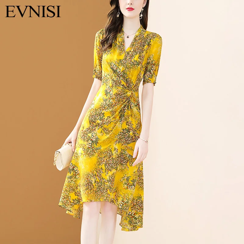 

EVNISI Silk Printed Yellow Floral Dress Women 2022 Summer New Elegant V-neck Dresses Shirring Bohemian Asymmetrical Dress