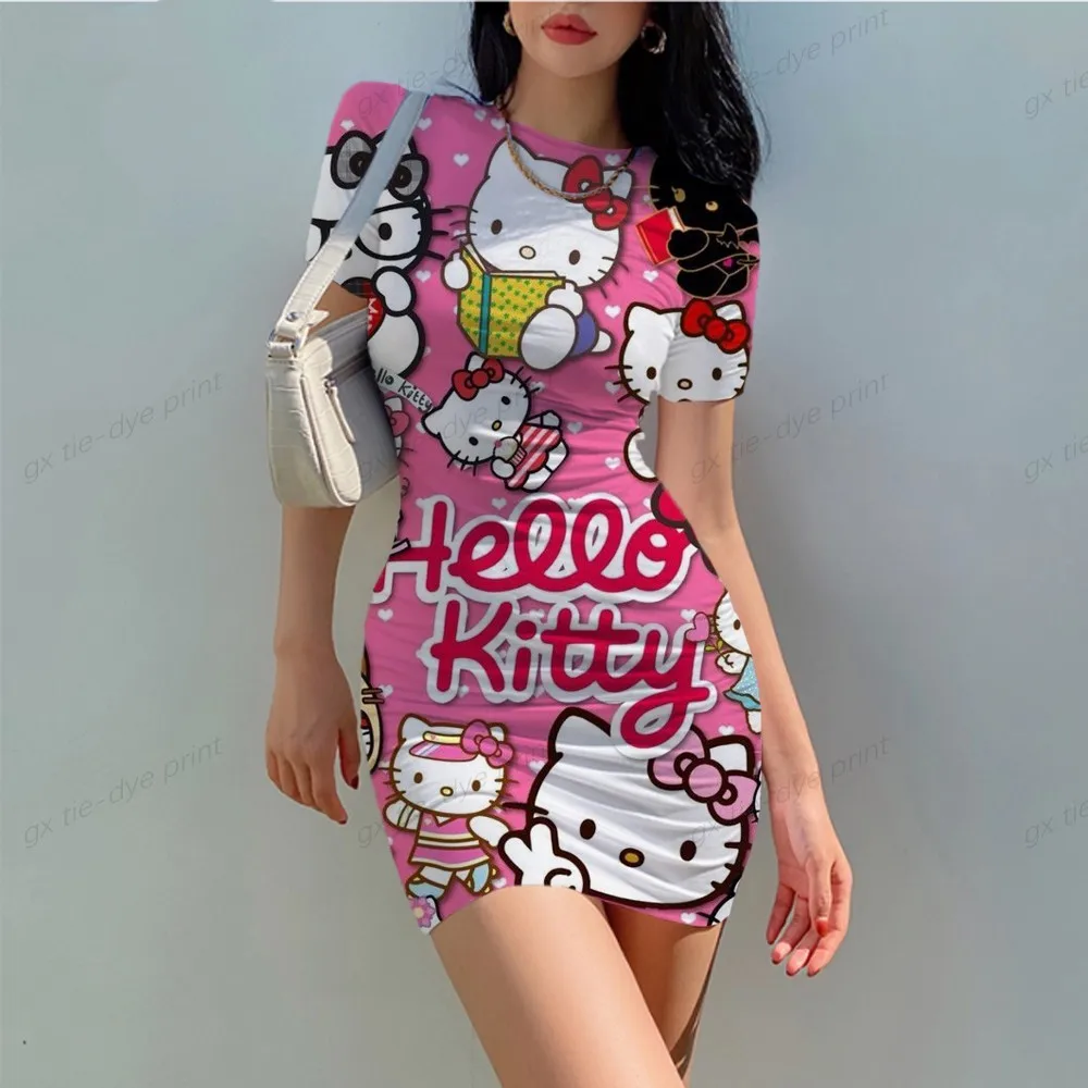 

Women's Hello Kitty Printed Short Sleeve Sexy Tight Wrapped Hip Short Dress Casual, Harajuku Straight, Summer Fashion, 2023