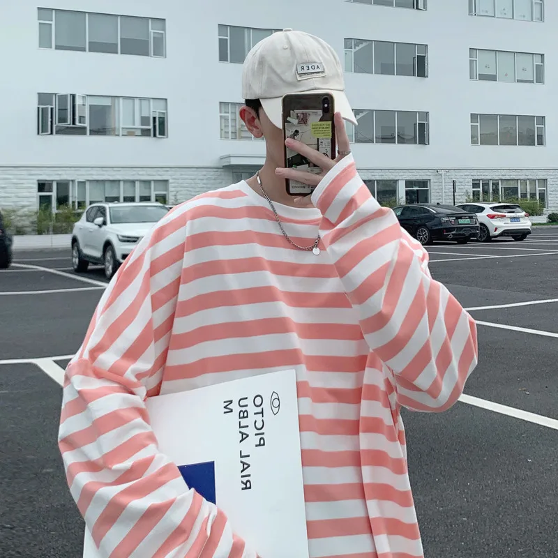 Футболка мужская хлопковая в полоску модная Повседневная Свободная рубашка с