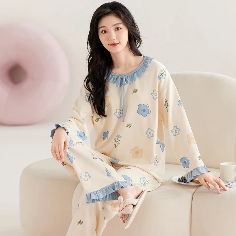 Пижамный комплект женский с длинным рукавом одежда для сна синими цветами милые