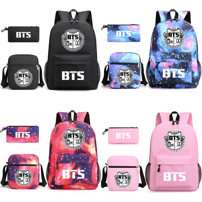 

Милый Школьный Рюкзак Kawaii BT21 из трех частей с аниме-рисунком, студенческий вместительный рюкзак на плечо, чехол для карандашей, подарок на д...