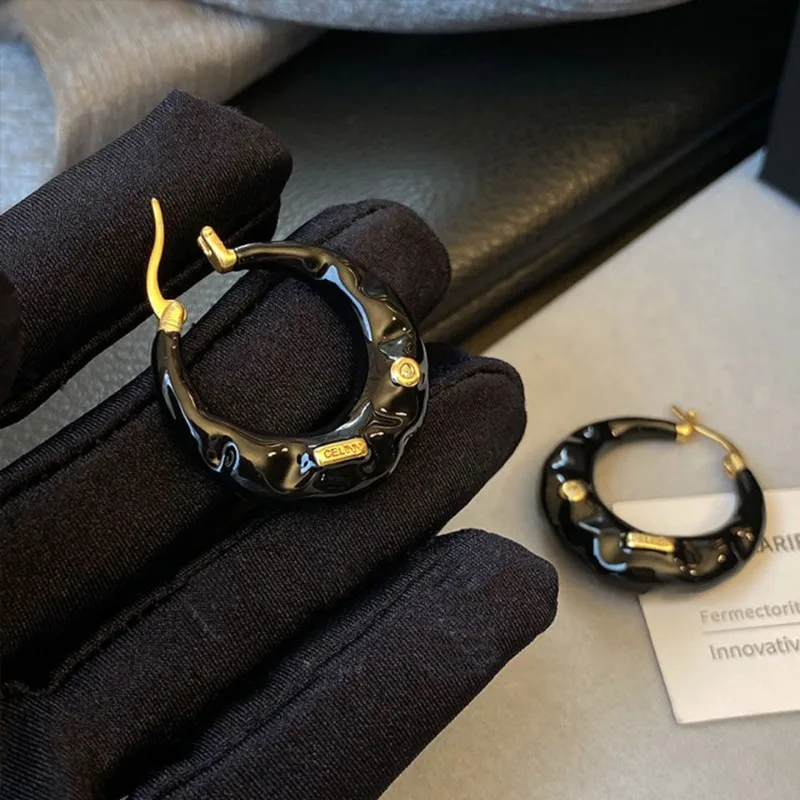 Французские винтажные эмалированные серьги-кольца с капельной глазурью для