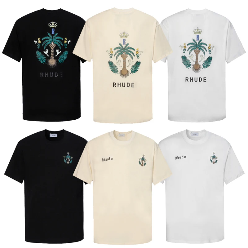 

RHUDE New Oversize T-shirts Eurocode Summer Best Quality Print 1:1 Breathable Apricot White Black Cotton O-Neck INS Short Sleeve