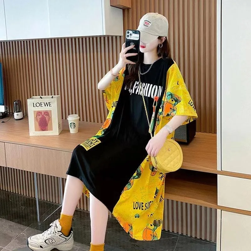 

Sweet in long cartoon print T shirt skirt female Korean summer fashion lovely bear loose short sleeve jacket splicing dress