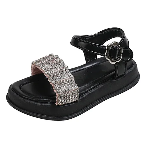 Детские сандалии со стразами, Новинка лета 2024, пляжная обувь на толстой подошве для девочек, модные повседневные Детские римские сандалии