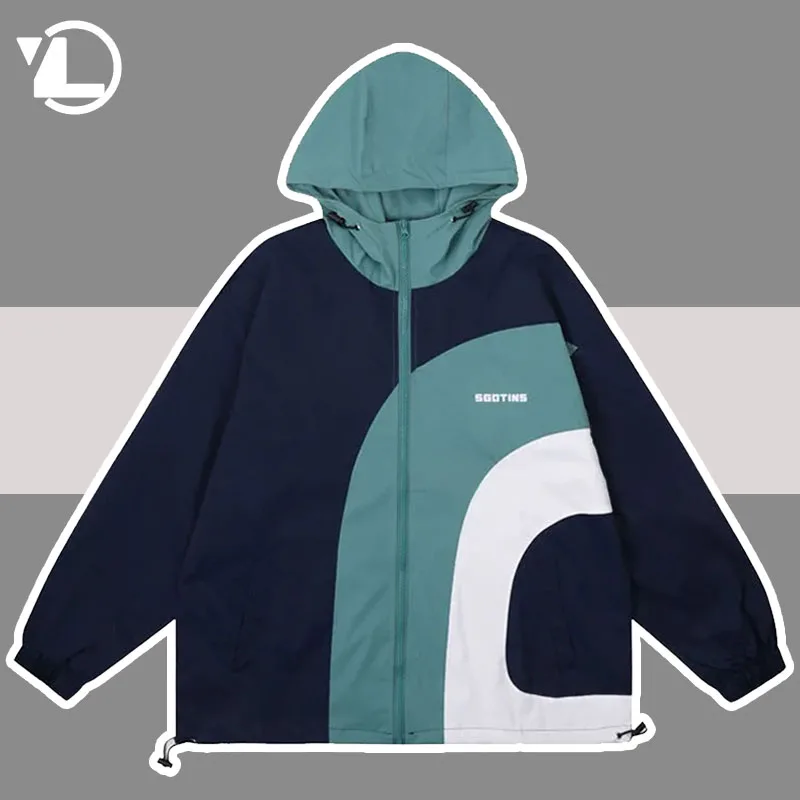 

Hip Hop College Jackets Men Spring Autumn Patchwork Japanese Hooded Windbreaker Coats Male Casual Fashion Loose Jacket Couple