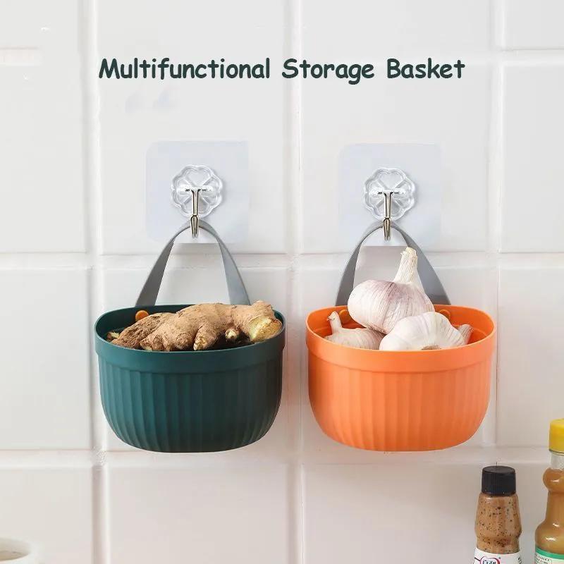 Green Onion Ginger Garlic Storage Organizer Plastic Hanging Wall Bathroom Storage Basket No-Punch Kitchen Organizer Accessories