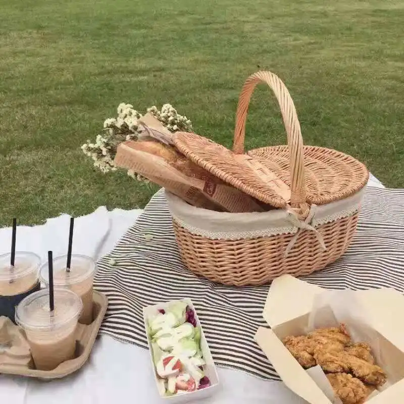 

Woven Picnic Baskets Plant Rattan Willow Wicker Camping Storage Basket with Lid and Handle Food Fruit Home Decoration Organizer