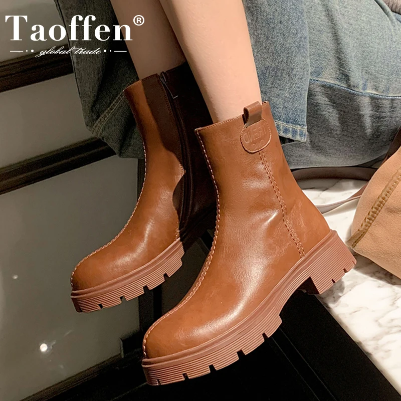 

Taoffen 2023 New Women'S Ankle Boots Genuine Leather Chunky Winter Woman Shoes Fashion Ins Short Boots Club Footwear Size 34-39