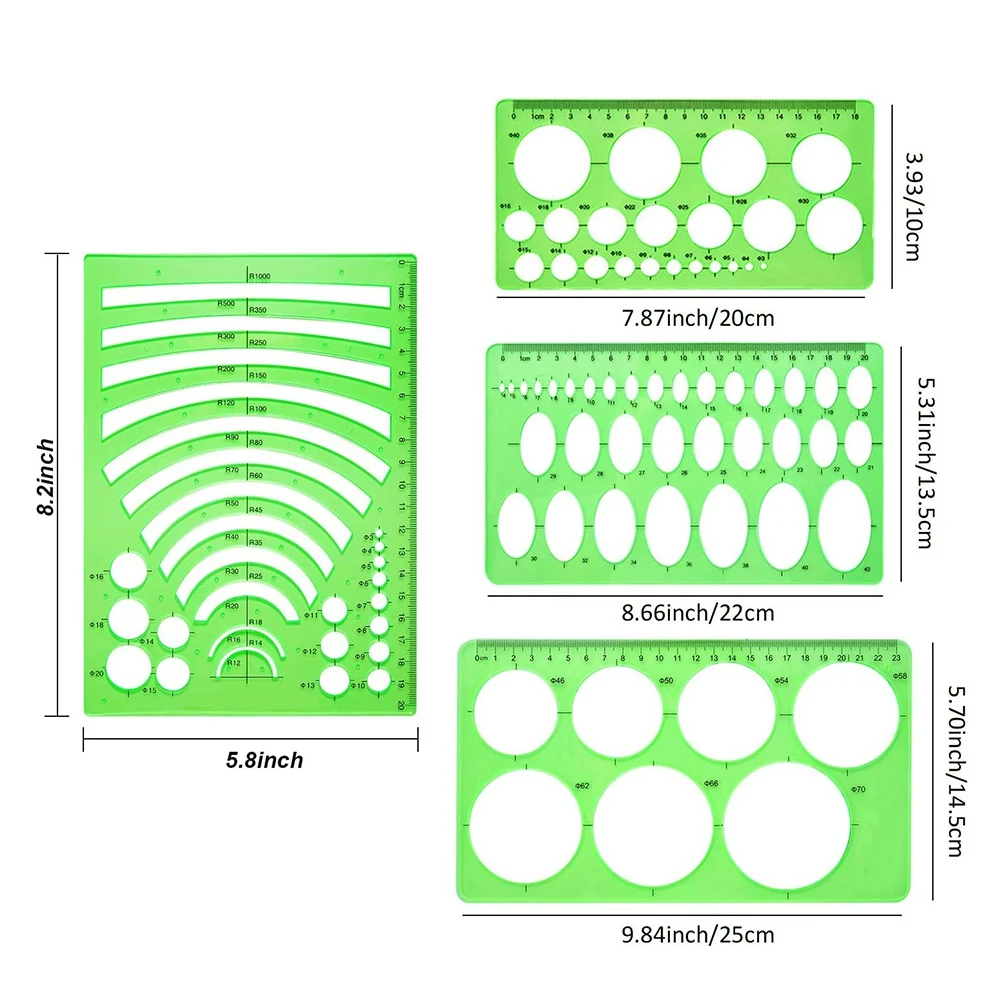 4 Pieces Template Plastic Rulers Circle Oval Radius Drawing Templates for Office and School Supplies Clean Green |