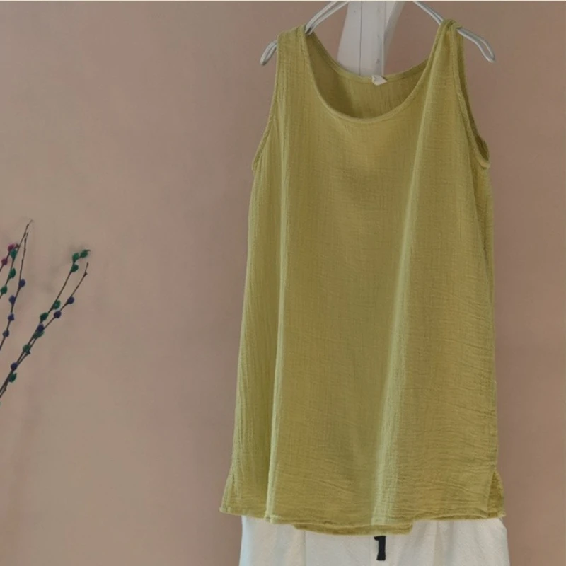 Топ женский летний из хлопка и льна с круглым вырезом |