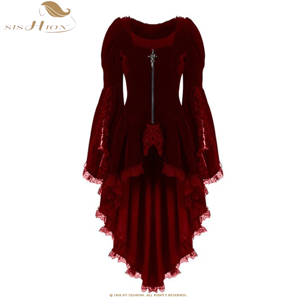 

Asymmetrical Winter Women Gothic Dress Solid Short Front Long Back Sundress Red Green Black Vintage Lace Women Dress SR617