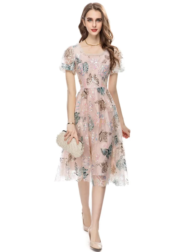 Women'S Summer High Quality New Fashion Elegant Gorgeous Celebrity Sexy Sequin Embroidery Sweet Runway Party Casual Midi Dress
