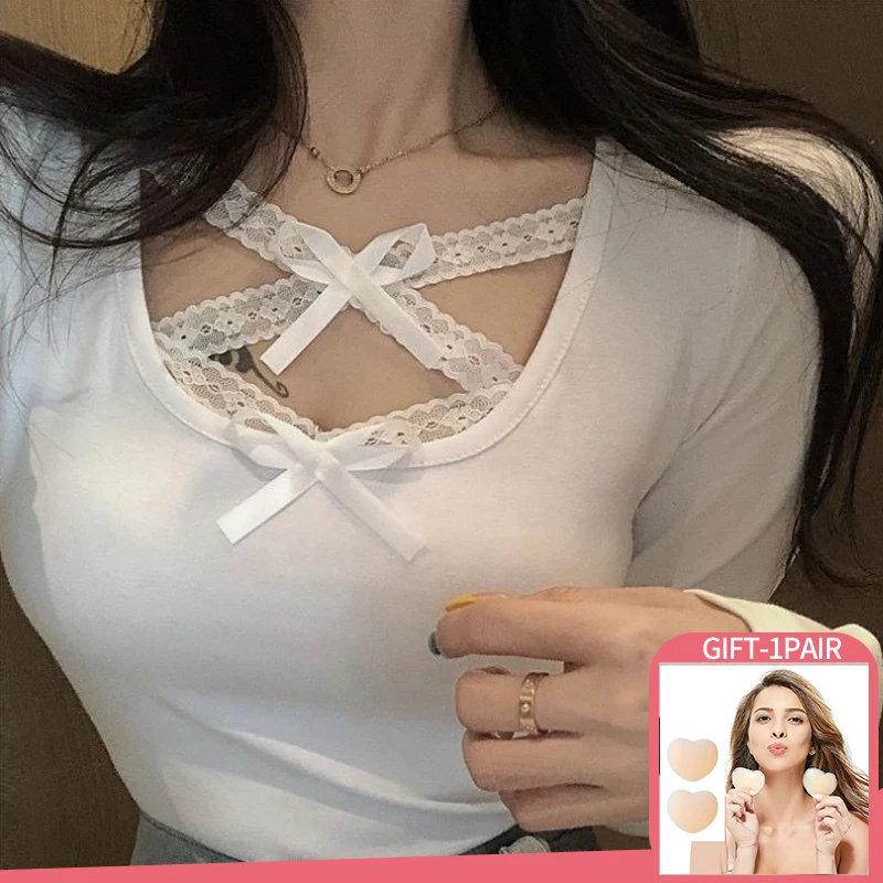 

Slim T-shirts Tops Women Spring Summer Sexy Long Sleeve Top Bow Ribbon Solid Color Bottoming Women's O Neck Lace Cross T Shirt