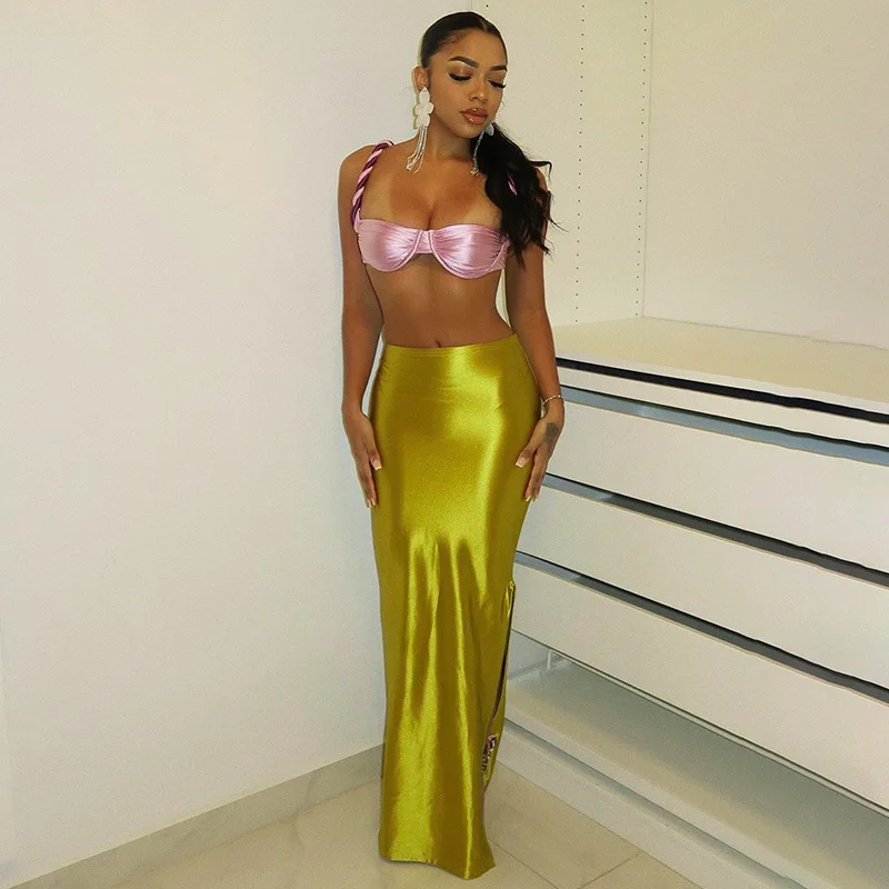 Атласная Юбка-макси Gtpdpllt с завышенной талией и Боковым Разрезом женская летняя