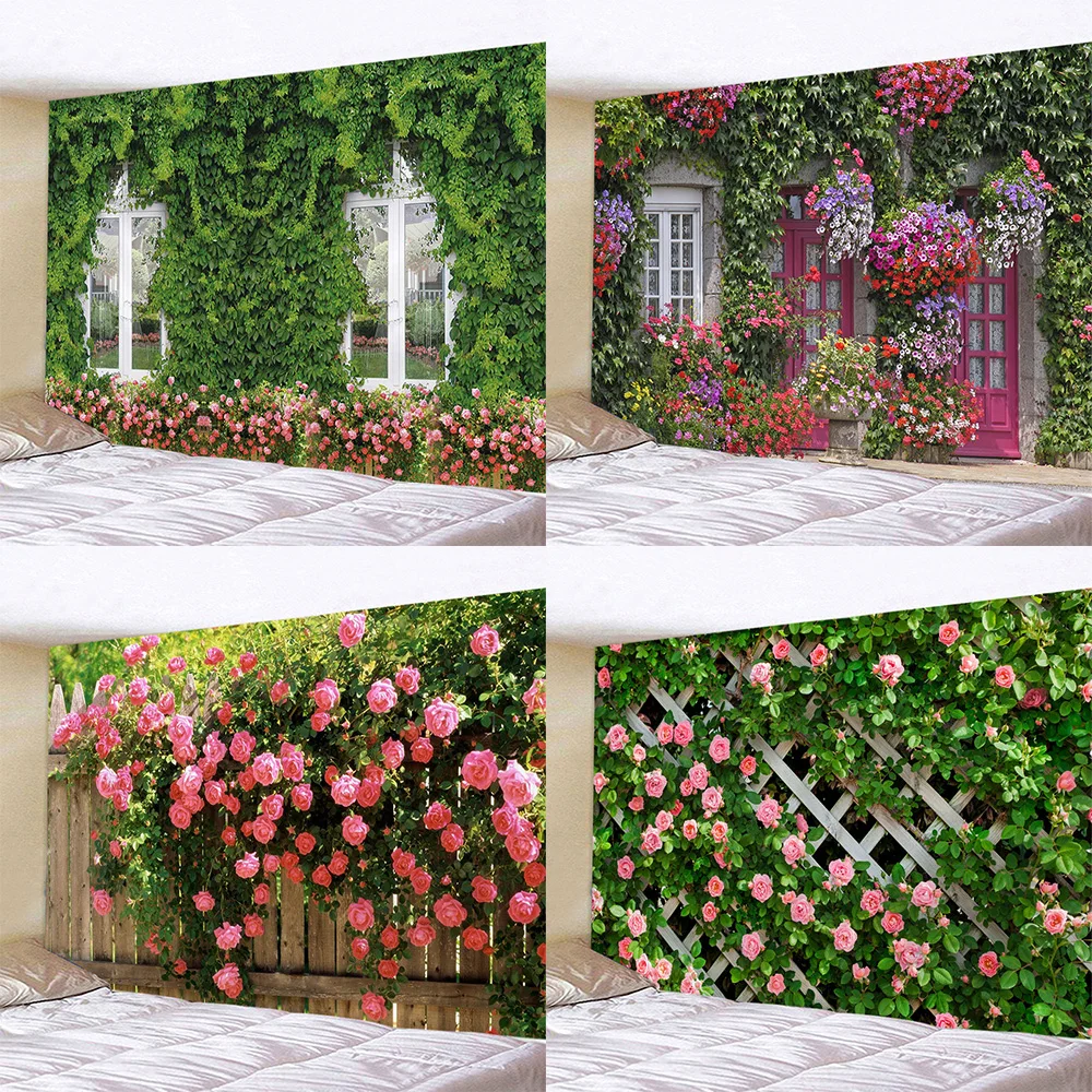 

Tapestry Aesthetics Spring Flower Fence Tapestry Pink Rose Plant Flower Wall Garden Window Natural Scenery Home Decoration
