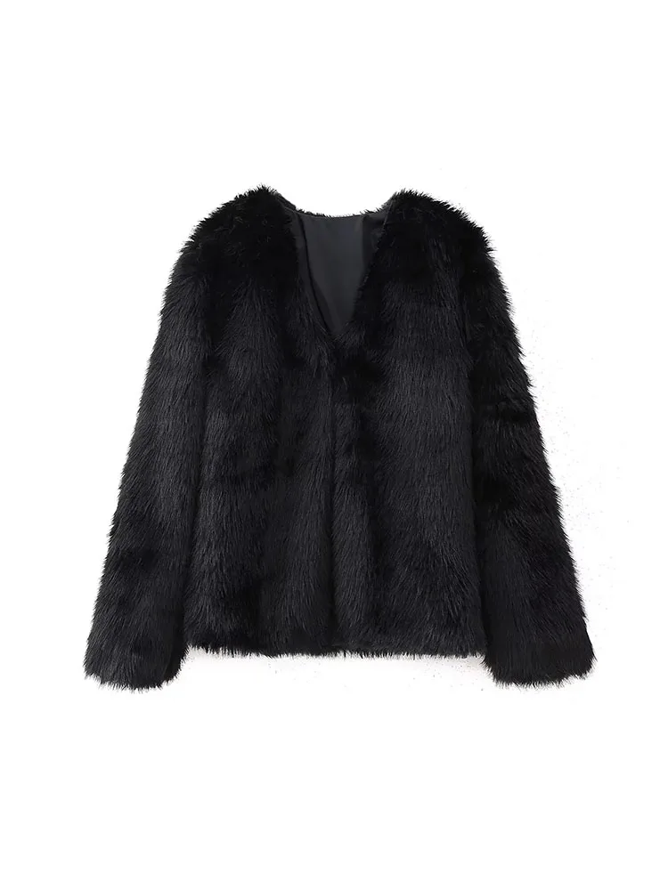 

ZADATA Женская модная куртка из искусственного меха, пальто, винтажная Женская куртка с V-образным вырезом и длинным рукавом, шикарный топ