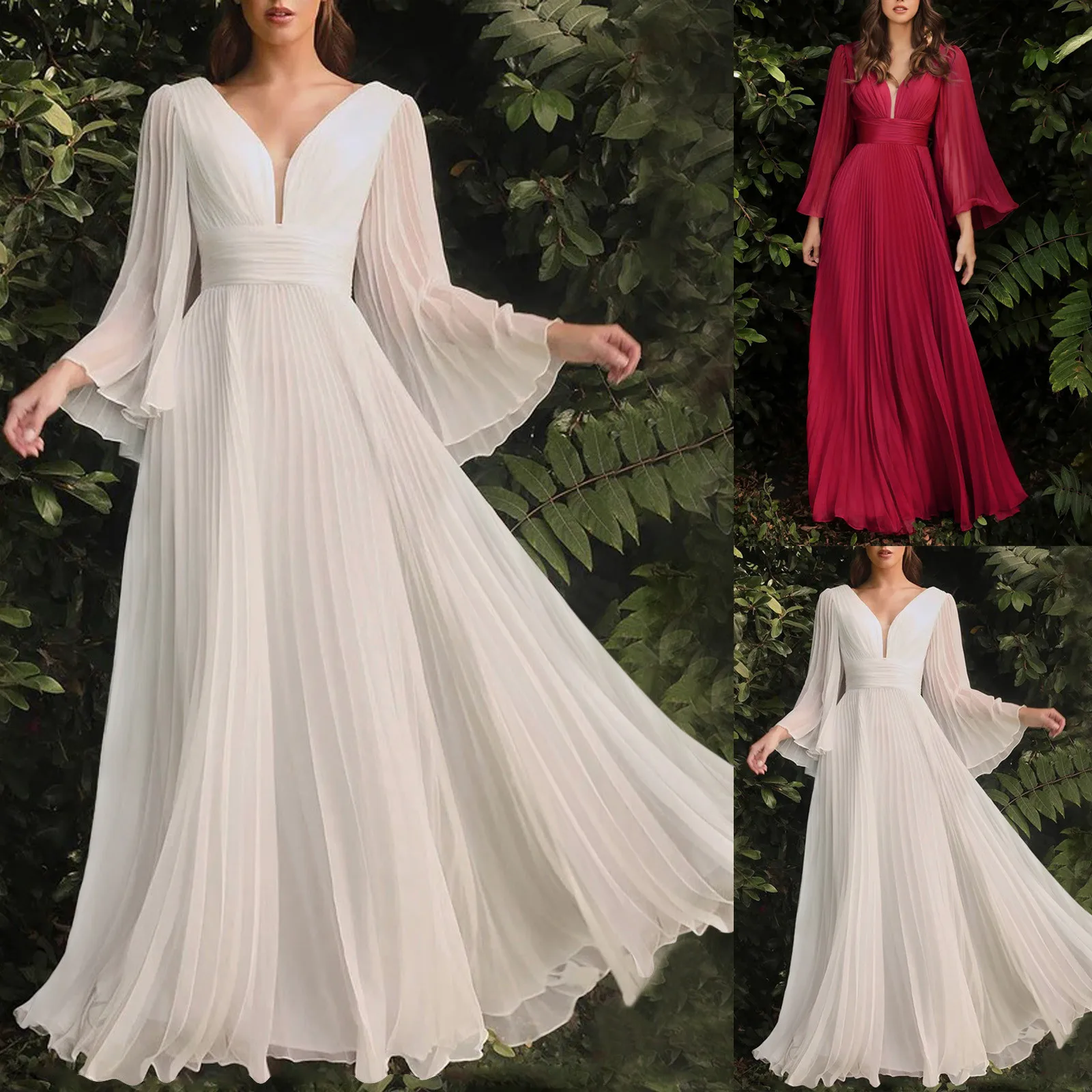 Women Elegant Solid Color Deep V Flare Long Sleeve Maxi Dress Evening Party Dress Long Strapless Dress