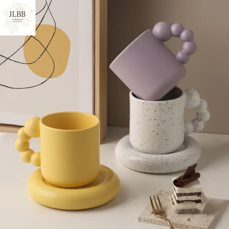 

325ml Creative Coffee Cup and Plate With Spin Ball Handle Nordic Home Decor Handmade Art Tea Mug Tray Personalized Gifts For Her