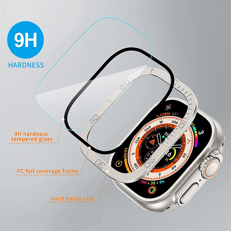 Alloy Frame Tempered Glass Film For Apple Watch Ultra 49mm Screen Protector Anti-Scratch Metal Frame Dial Bezel Protector Films