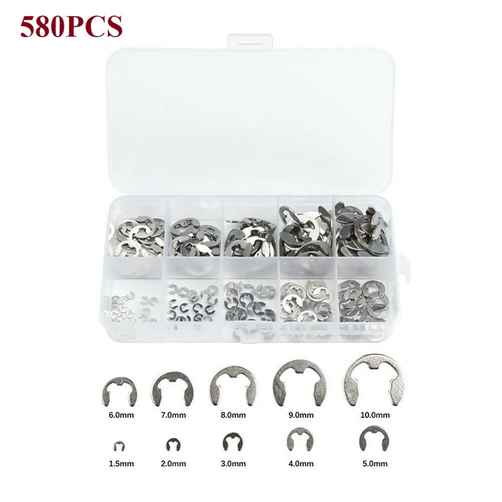 

580pcs/set 10 Sizes 1.5-10mm Stainless Steel Shaft E Clip Snap Circlip Washer Tools Accessories