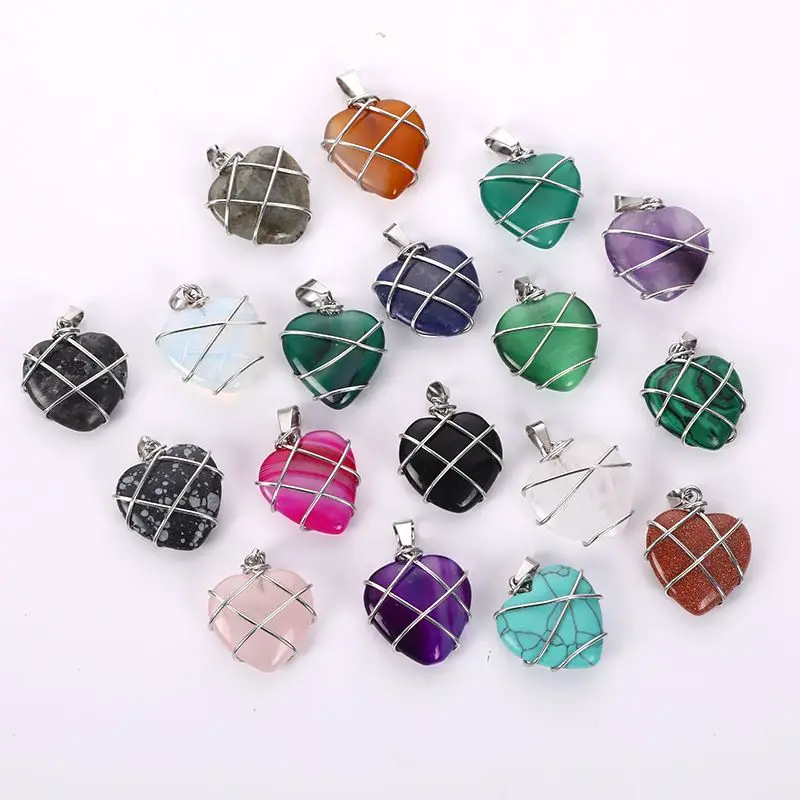 

20pcs Natural Crystal Stone Wire Wrap Heart Pendants Amethyst Rose Quartz Charms for Diy Earrings Necklace Jewelry Making
