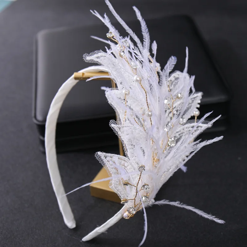 

Bridal Crown Headwear Wedding Birthday Crown Headdress Pearl Rhinestones Feather Retro Luxury Hair Accessories for Femal A66