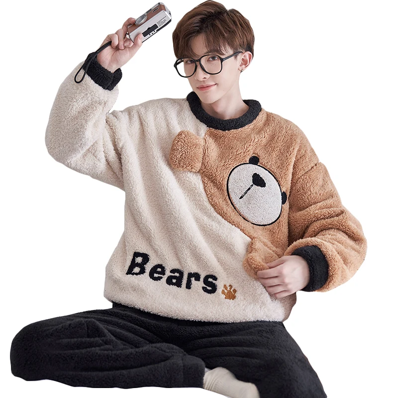 FUNISHI Men Sleepwear Plus Size 4XL Coral Fleece Pajama Set Winter Pajamas Flannel Loose Version Inspissate Pullover Nightgown