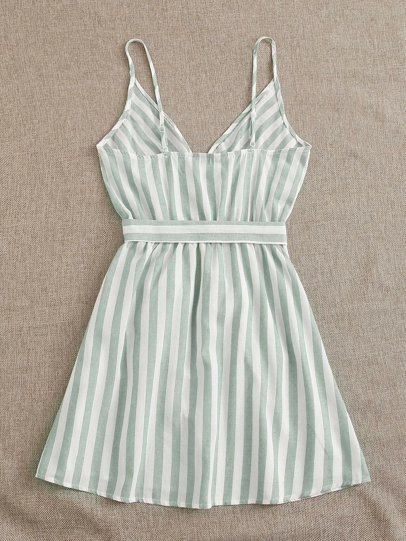 

Surplice Neck Self Belted Striped Cami Dress