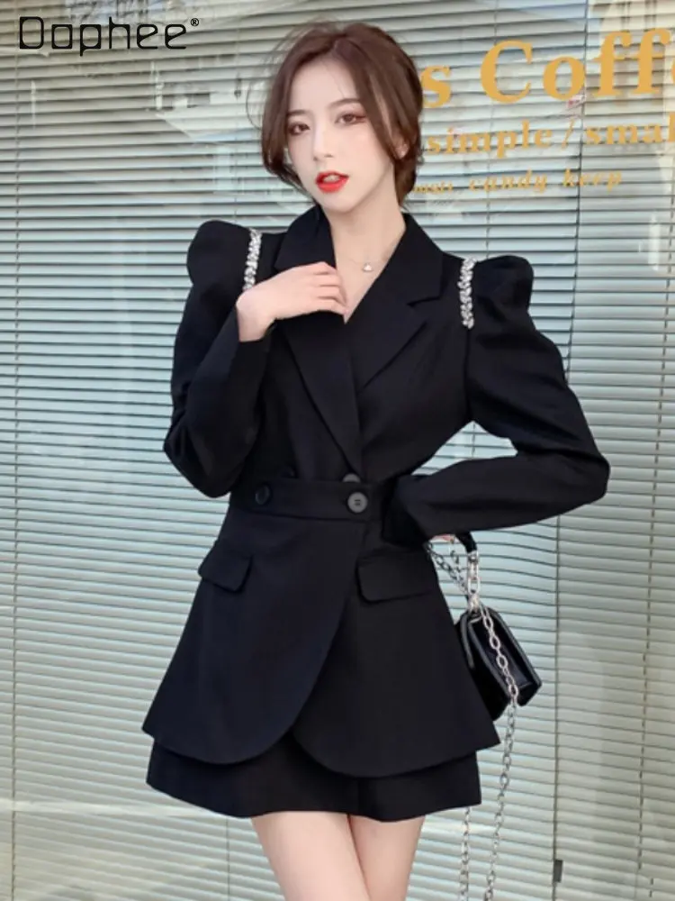 Woman High Waist A- Line Rhinestones Black Dress Suit Chic 2022 Autumn Diamond Long Sleeve Dresses and Skirt Suit Two-Piece Set