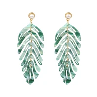 luxhoney exaggerated bohemia summer fashion palm leaf shape hollow out acrylic statement dangle earrings with pearl inlaid