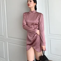 2022 new french women heavy silk evening dress long sleeves light luxury silk short dress pure color autumn