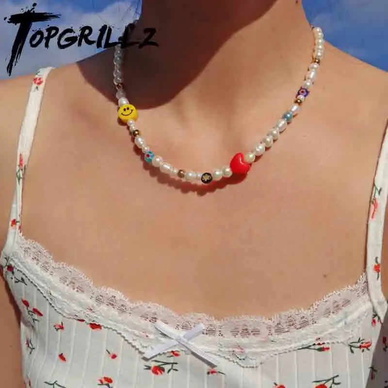 

TOPGRILLZ Korean Trendy Simulated Pearl Choker Necklace For Women Bohemian Colorful Handmde Face Bead Collar Color Jewelry