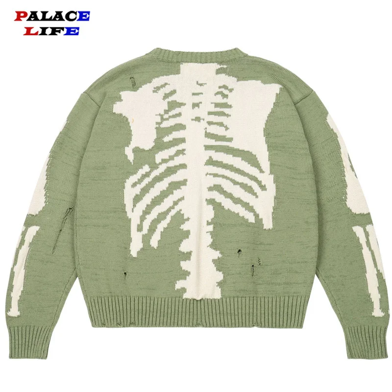 

Men Oversized Sweater reen Loose Skeleton Bone Printin Woman i Quality i Street Damae ole Vintae 1:1 Knitted Sweater