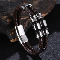 double layer braided leather mens bracelet stainless steel accessory collection punk bangles for male daily party jewelry fr1352