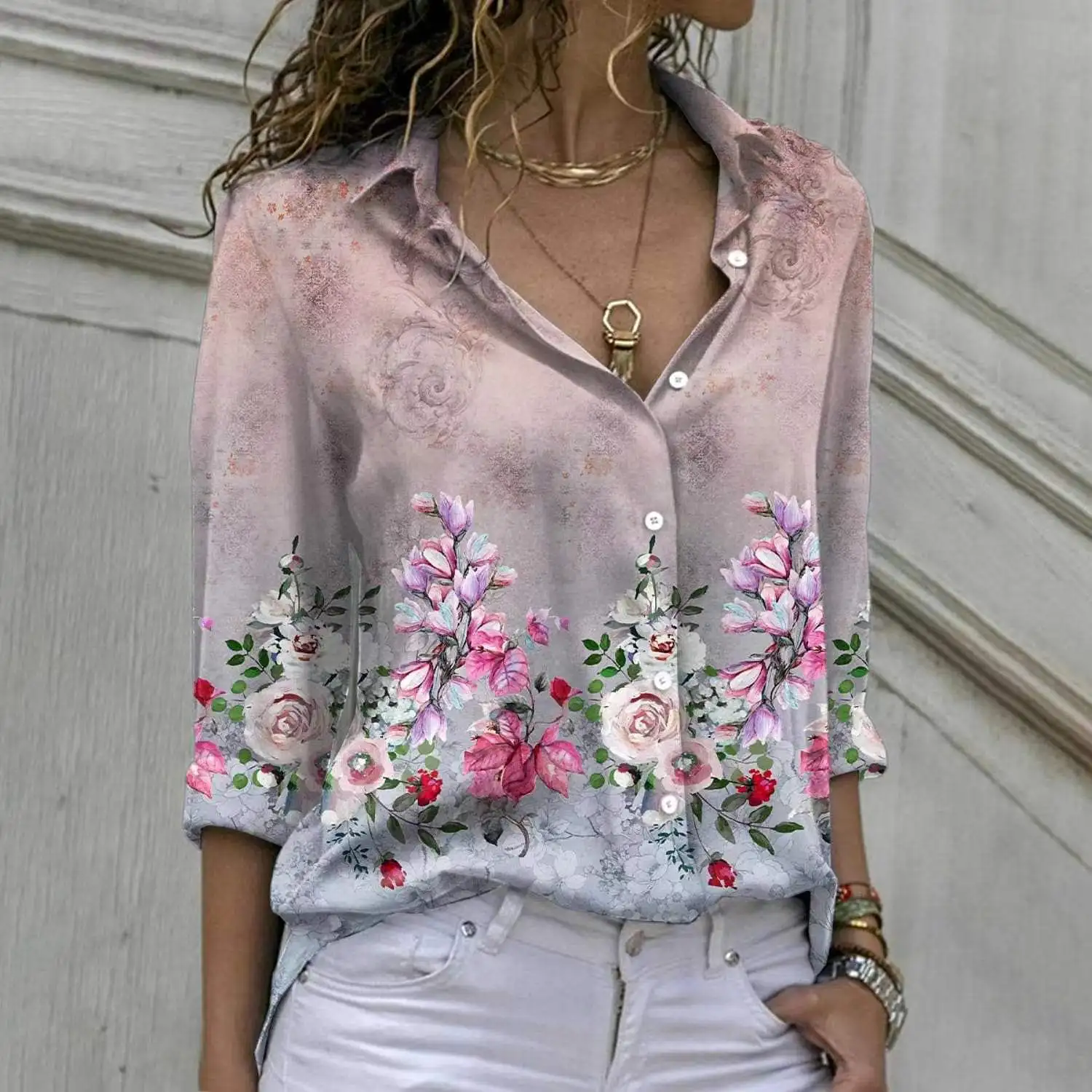 

Women Floral Printing Lapel Blouse Tops 2023 Spring Fashion Printed Long Sleeve Loose Fitting Shirt Femme Blusas Elegantes