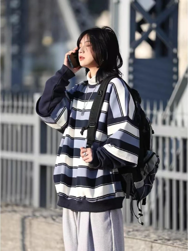 

Deeptown Vintage Striped Sweatshirts Women Harajuku Kpop Fake Two Piece O-neck Hoodies Japanese Casual Velvet Couple Tops E-girl