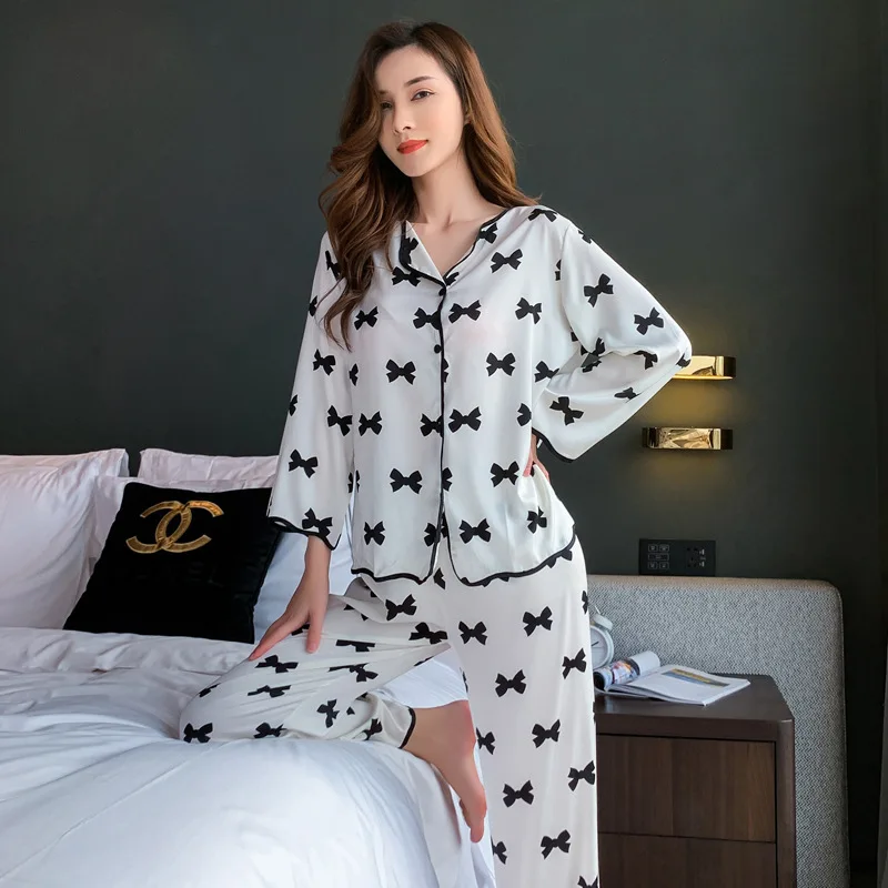 Ice Silk Pajamas Bow Print Lapel Pyjamas Sexy Lingerie Women's Home Clothes Sleepwear 2-piece Set Pajamas for Women