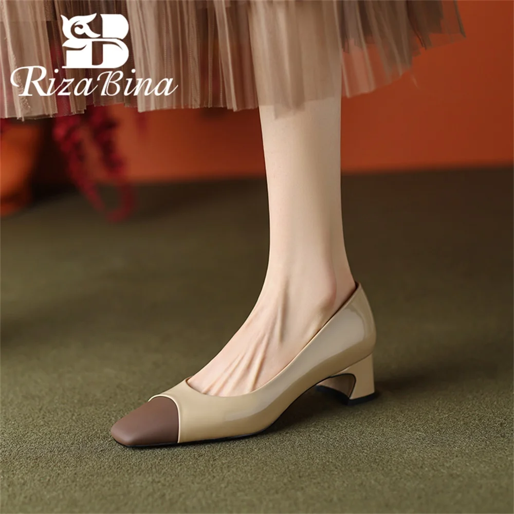 

RIZABINA Women Square Toe Pumps Genuine Leather Chunky Heel Casual Shoes Solid Mary Jane Shoes Elegent Dress Footwear 2023 Trend