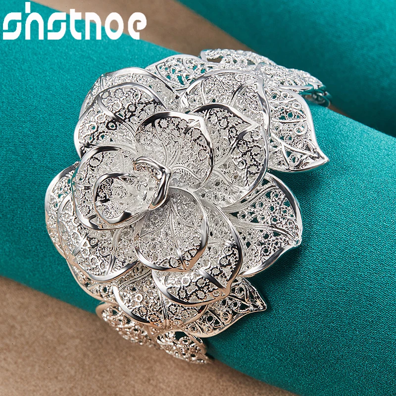 

SHSTONE 925 Sterling Silver Adjustable Opening Fine Flower Rose Bangle For Women Birthday Engagement Wedding Party Charm Jewelry