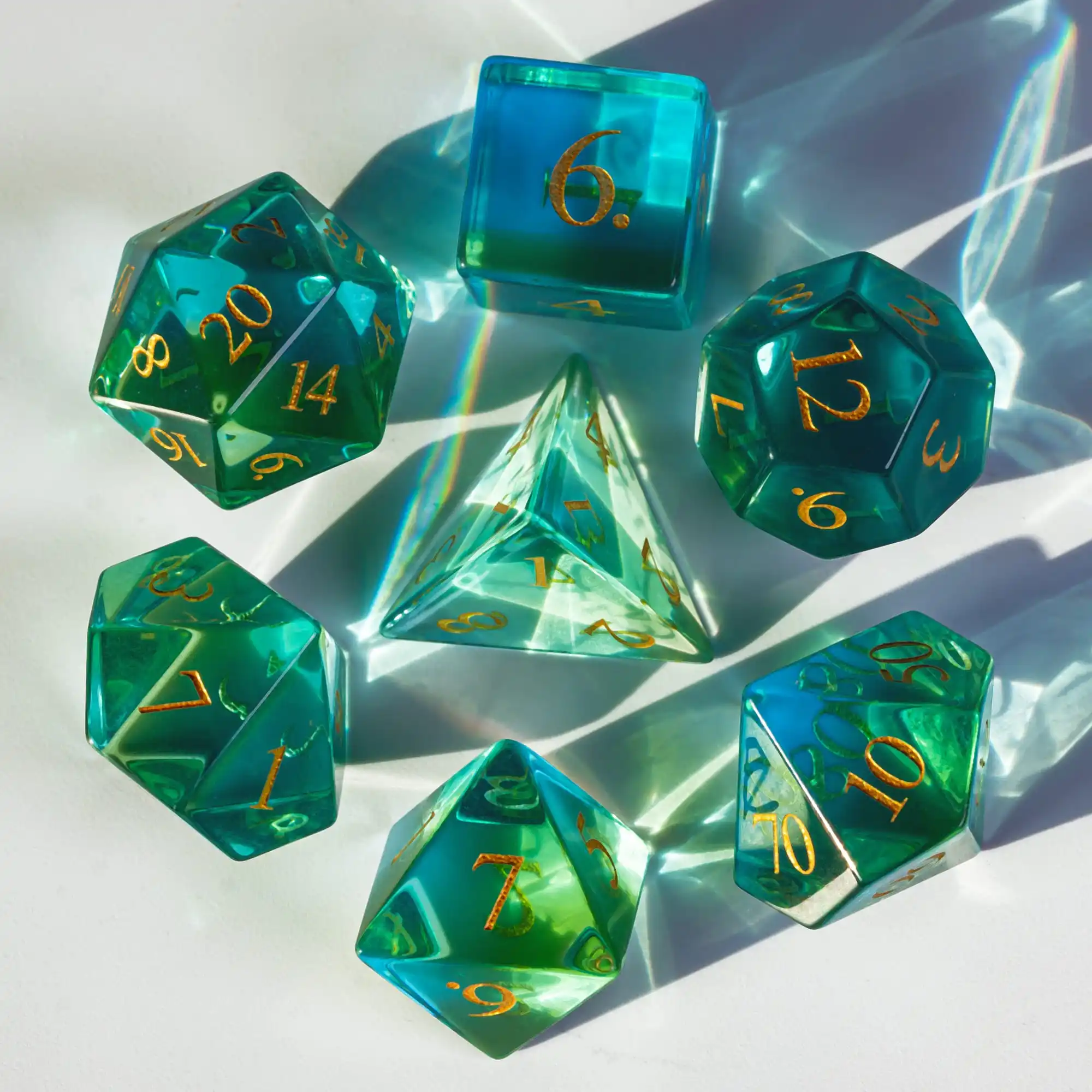 Cusdie Set of 7 Coloured Glaze Dice, 16mm Polyhedral Stone Dice Set with Leather Box, D&D Dices for Collection