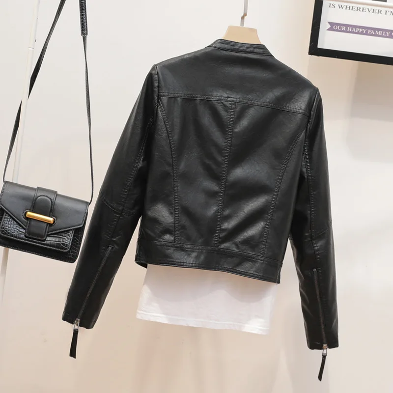 Autumn New Simple Stand Collar PU Leather Ladies Short Motorcycle Suit Slim Leather Jacket enlarge