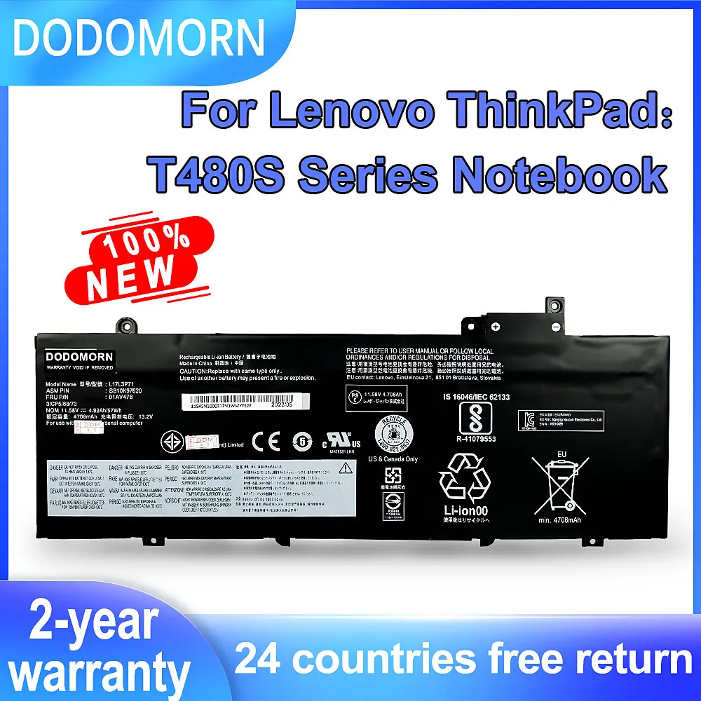 

DODOMORN 57Wh L17L3P71 L17M3P71 L17M3P72 Laptop Battery For Lenovo ThinkPad T480S Series 01AV478 01AV479 01AV480 SB10K97620