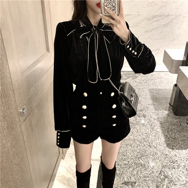 

Женский Повседневный костюм из двух предметов, блузка с длинным рукавом и бантом и свободные шорты с высокой талией, A353, весна-осень 2022