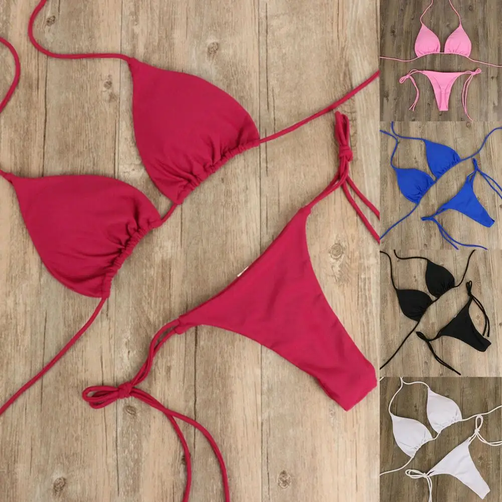 

2 Pcs/Set Trendy Lady Swimwear Solid Color Bandage Bikini Set G-String Bikini Set
